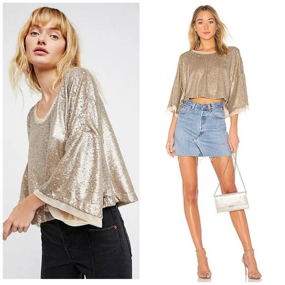 Free People Champagne Dreams Tee Small Neutral Gold Sequin Oversized Cropped - Picture 1 of 13